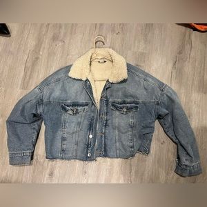 Cropped Sherpa lined denim bomber